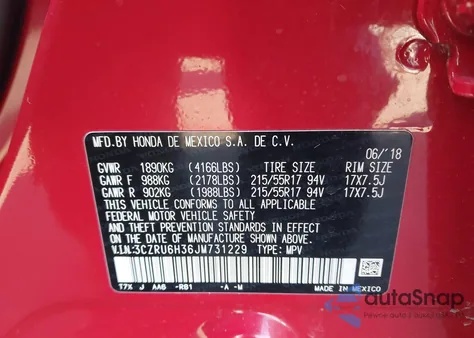 2018 Honda Hr-V Lx from USA, damaged, VIN 3CZRU6H36JM731229